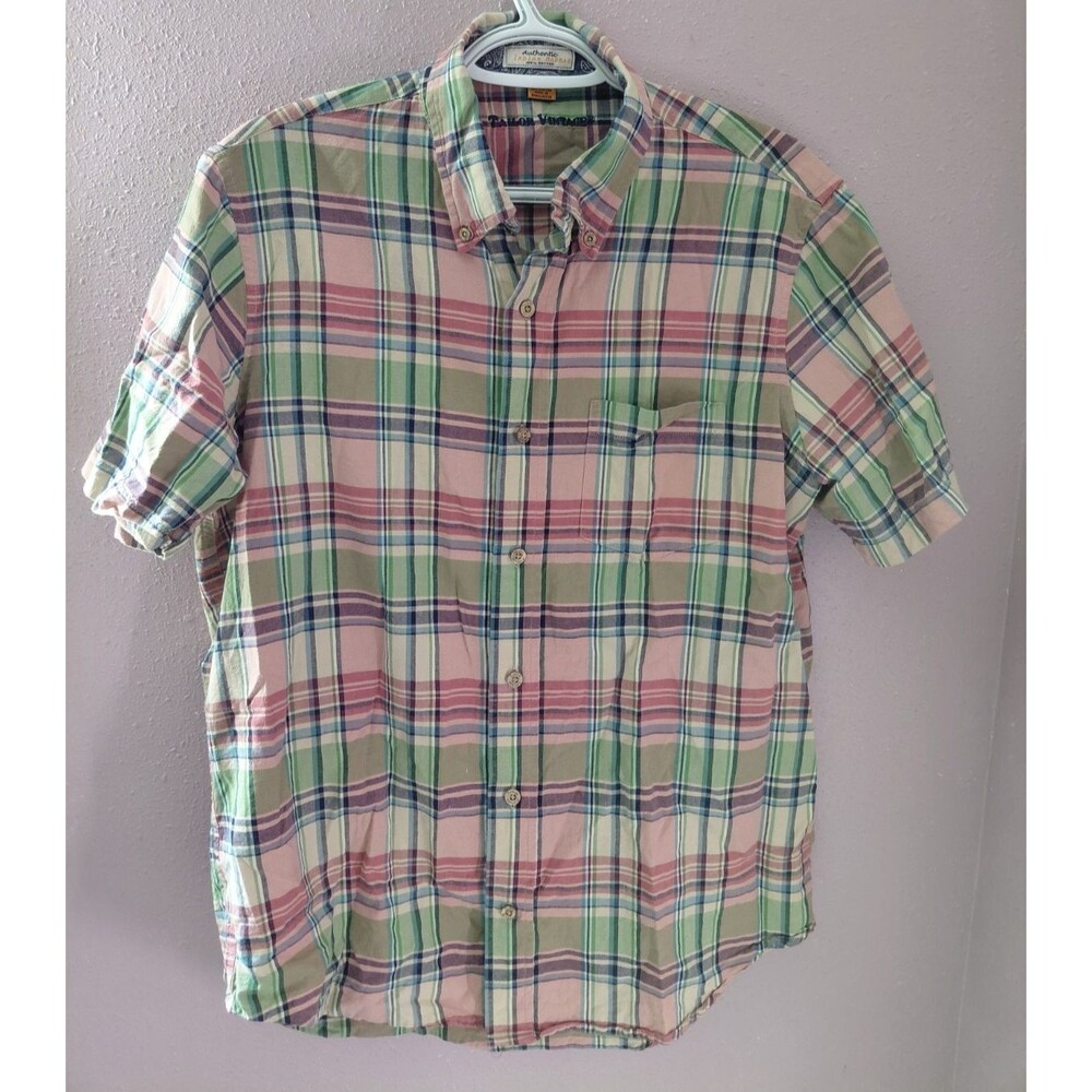 TAILOR VINTAGE Authentic Indian Madras Multi Plaid Short Sleeve Shirt Mens M